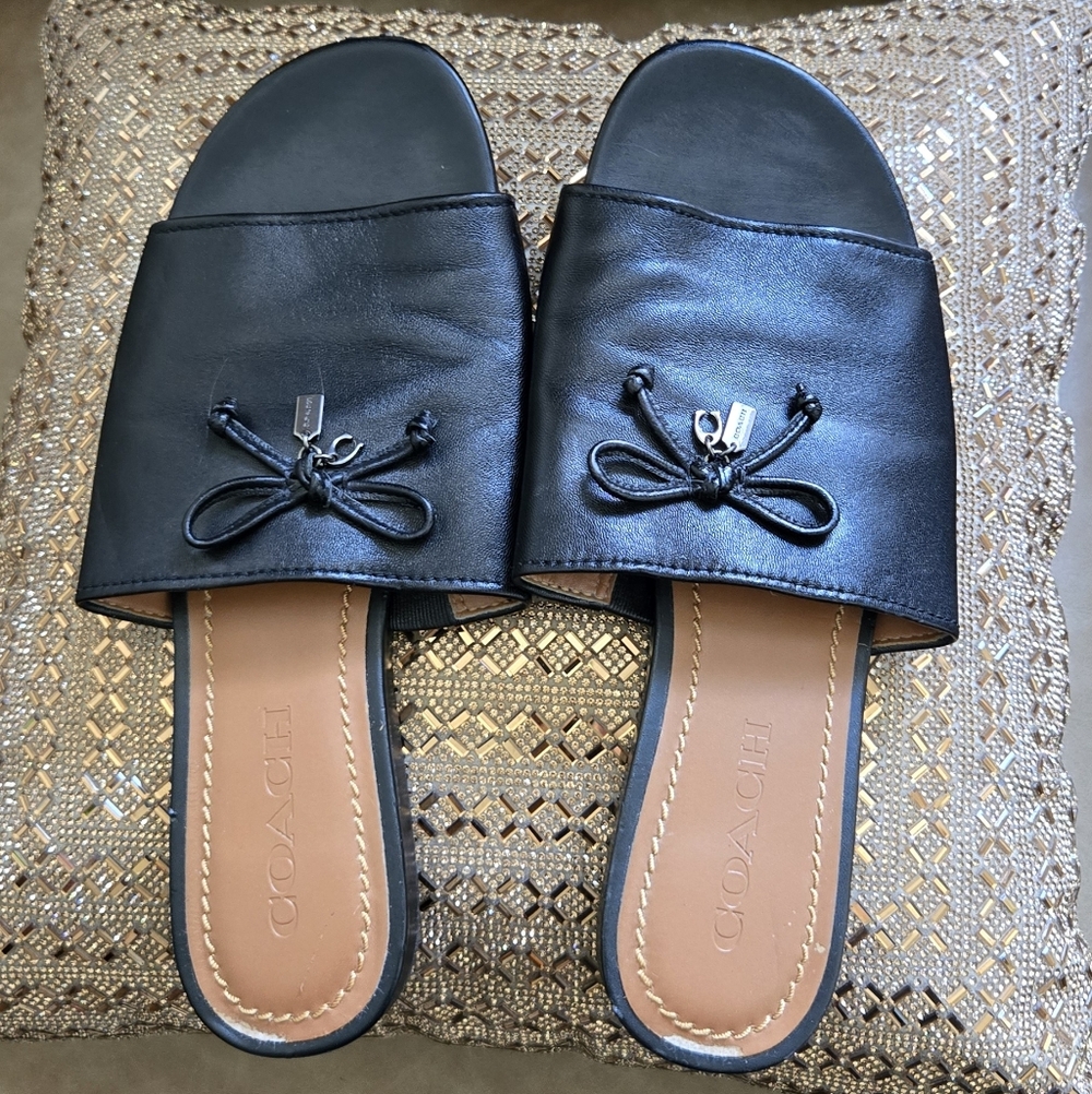 Coach Black Leather Slide Mules with Bow Accent